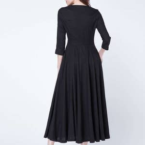 Black dress, linen dress, maxi dress, pleated dress, party dress, evening dress, round collar, 3/4 sleeves dress, ladies dresses 1728 image 4