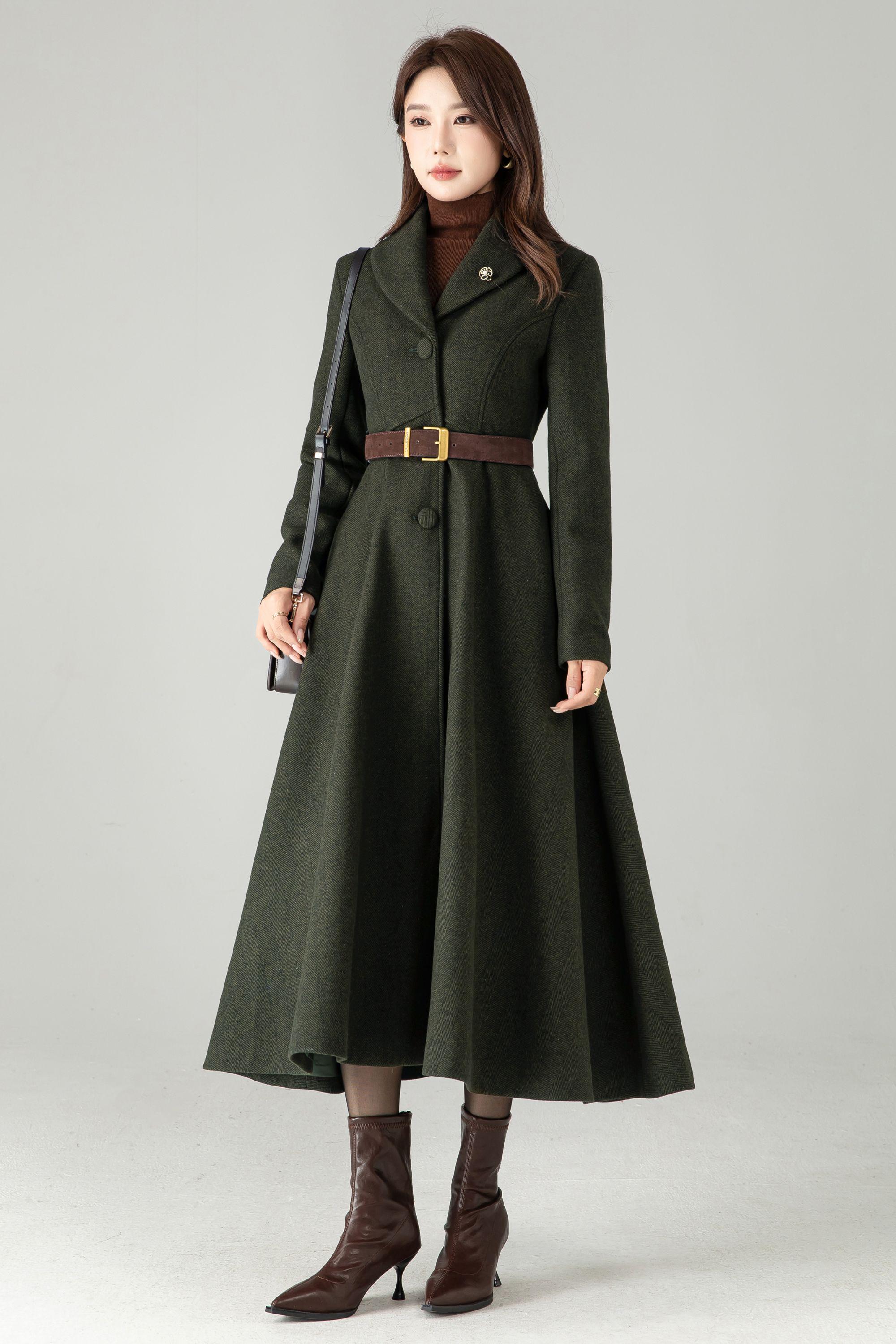 Army Green Wool Blend Maxi Coat – Herringbone A-line Winter Coat