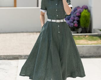 Dark Green Linen Dress, Midi Shirt Dress, Fit and Flare