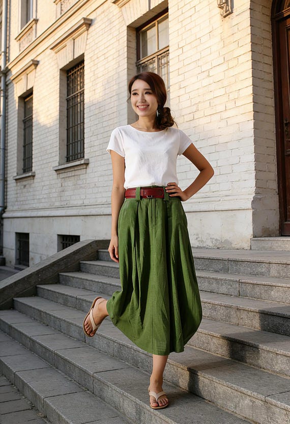 Family Gatherings, Linen skirt, Linen Midi skirt with pockets, women linen skirt, green bubble skirt, summer skirt, made to order 0984#