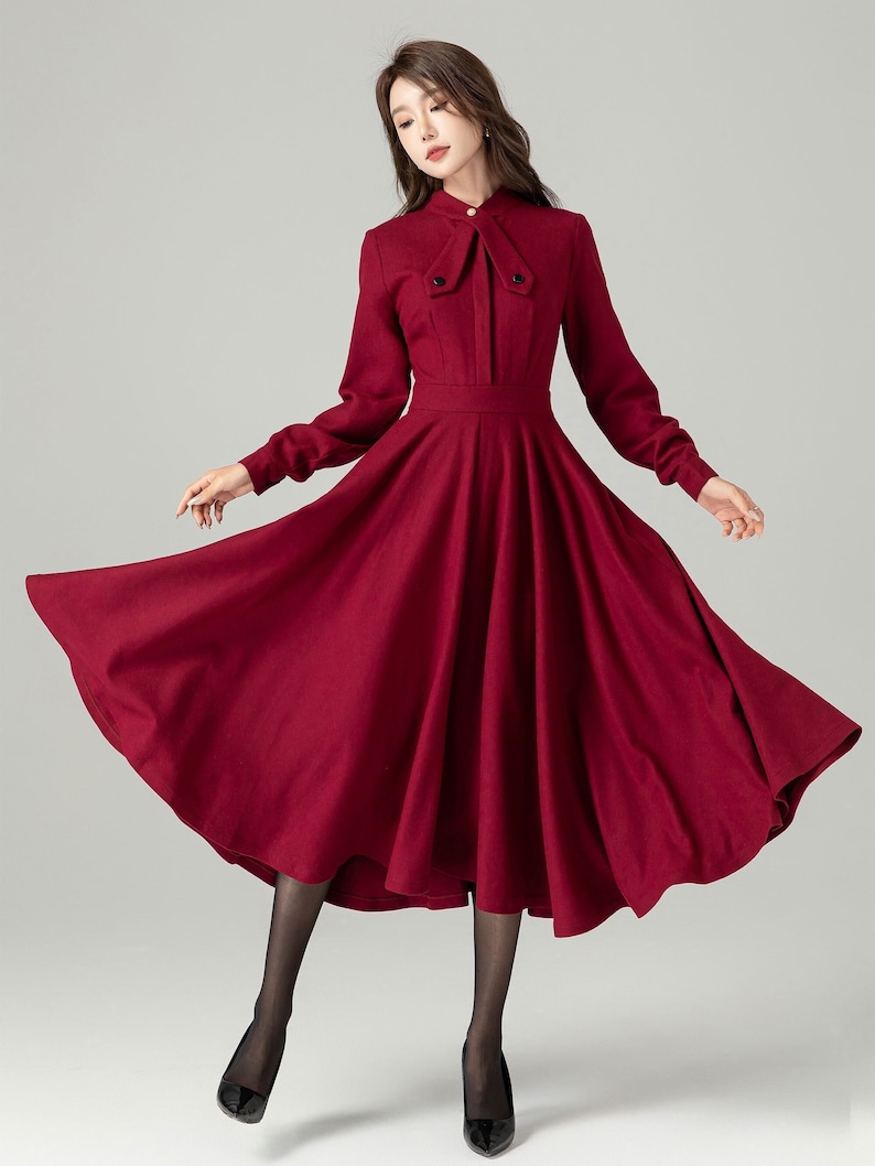 1950s Dresses, 50s Dresses | 1950s Style Dresses     Burgundy Wool Dress Vintage Inspired Wool Dress Long Sleeves Swing Dress Classic Fit And Flare Dress Spring Autumn Dress Xiaolizi 4490  AT vintagedancer.com