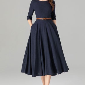 Linen dress, Midi linen dress, Linen swing dress, Blue linen skirt, Womens dress, Modest dress, Party dress, Custom dress, Xiaolizi 4906 image 2
