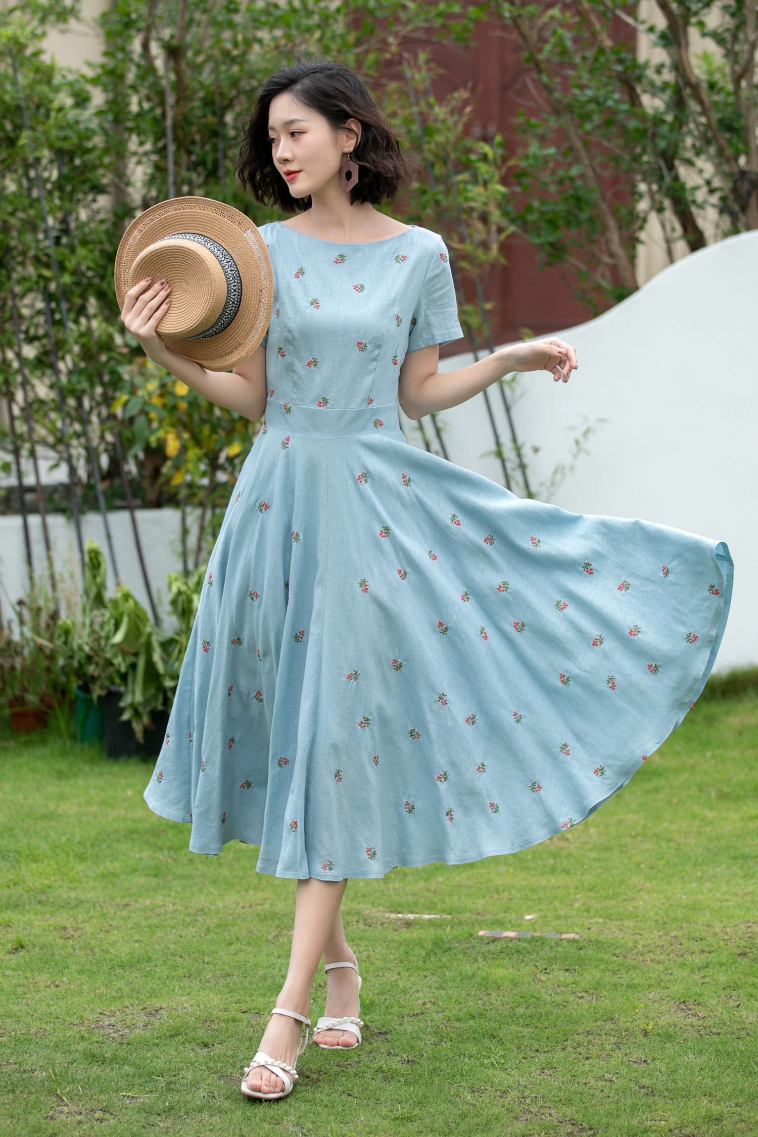 Linen Dress, Floral Linen Midi Dress, Fit and Flare Dress