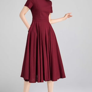 Fit and flare Midi dress in Burgundy, Boat Neck swing Dress with Pockets, Short Sleeve Party dress, Mother of the bride dress 2336 image 3