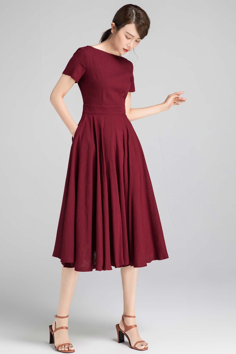 Fit and flare Midi dress in Burgundy, Boat Neck swing Dress with Pockets, Short Sleeve Party dress, Mother of the bride dress 2336 image 3
