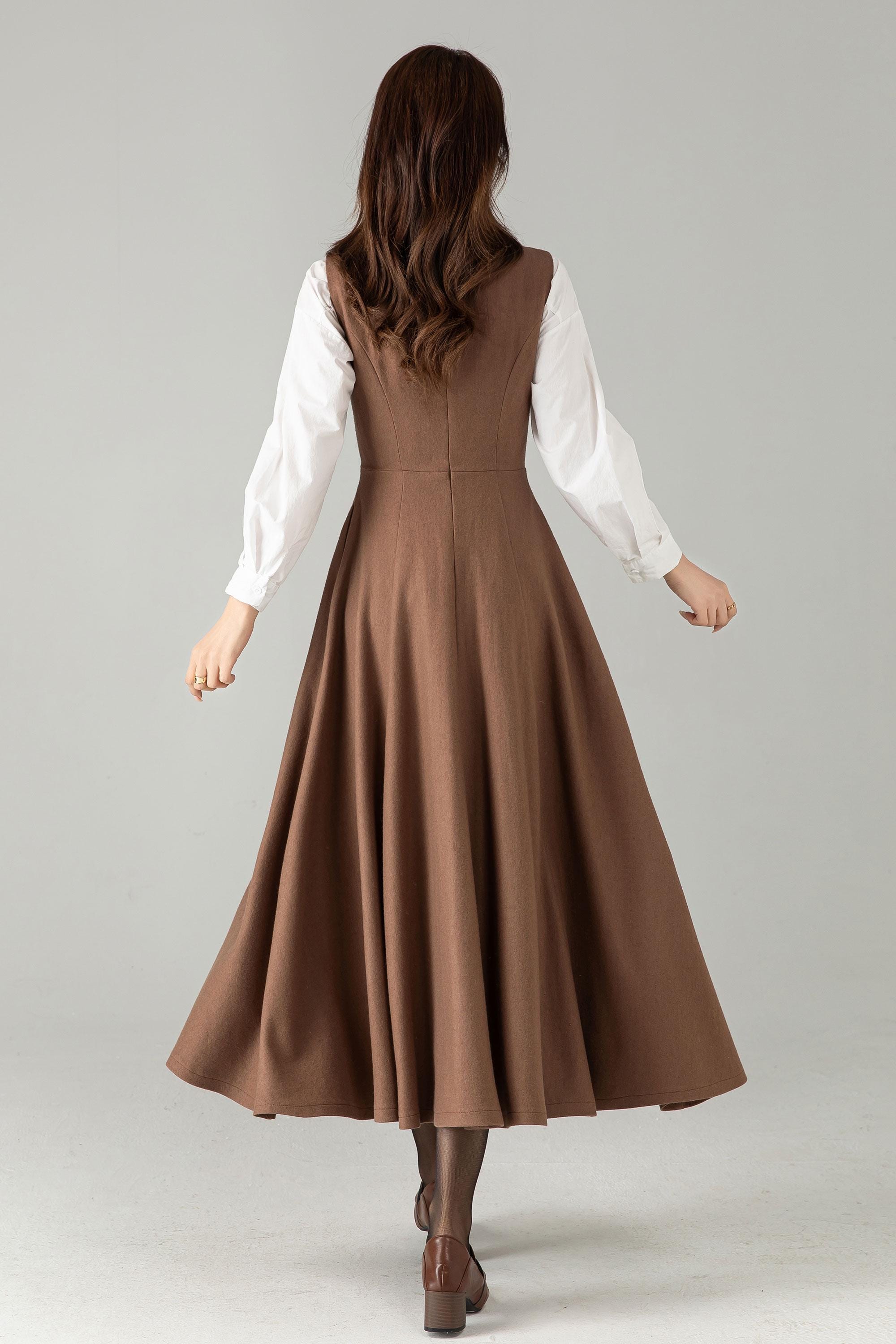 Handmade Camel Wool Pinafore Dress - Sleeveless A-line Midi