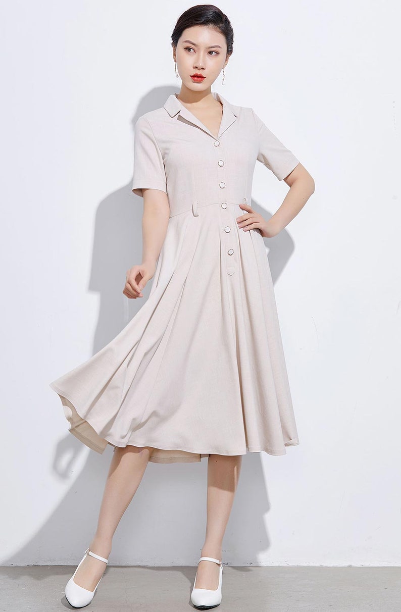 Vintage Inspired Swing Midi Dress Women, Fit and Flare Dress, 50s Work Dress, Short sleeve Button up Long Dress, Custom party dress 2318 image 4