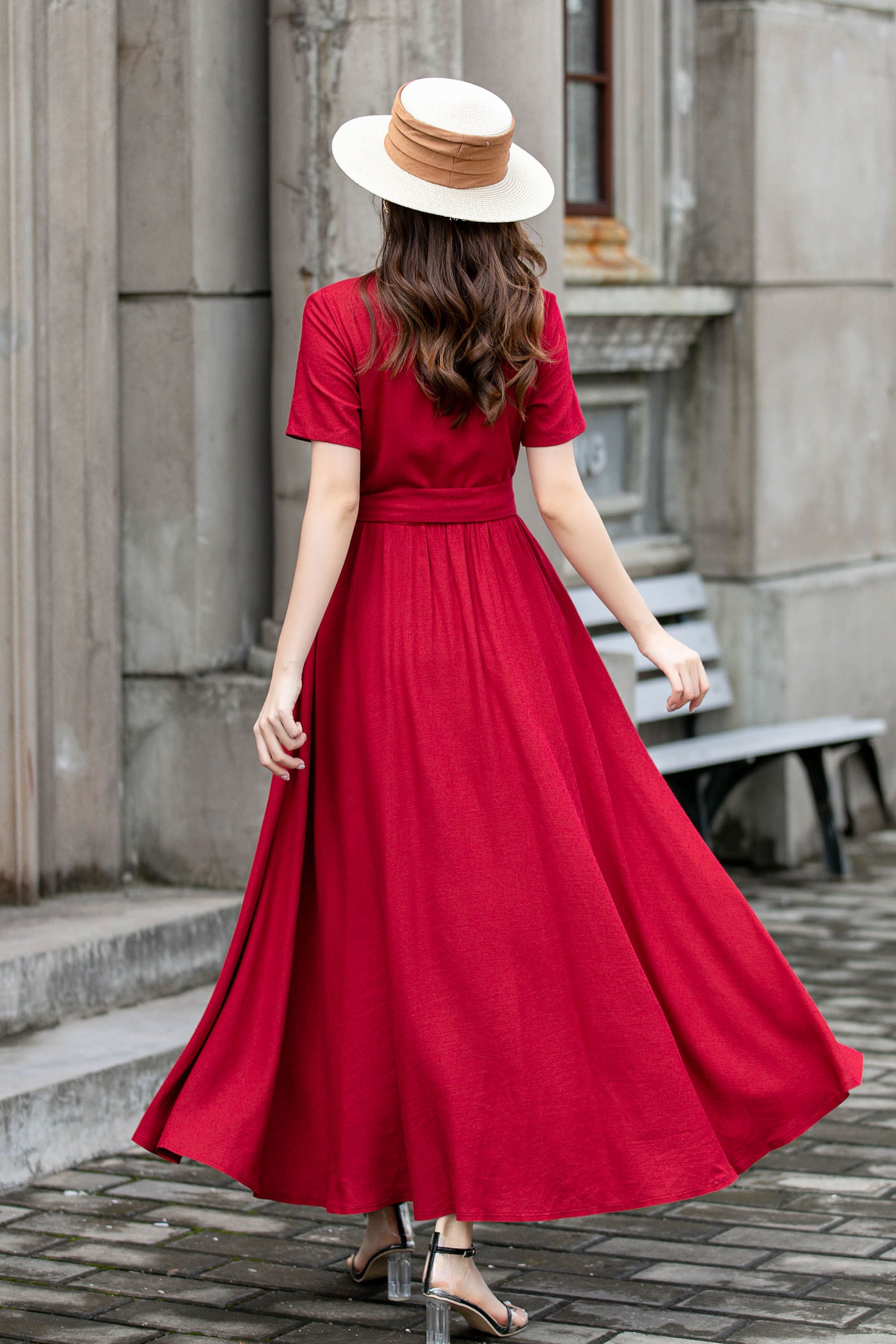 fitted lace wedding dress Women A Line Red Pleated Maxi Linen Dress 3576 – Xiaolizi