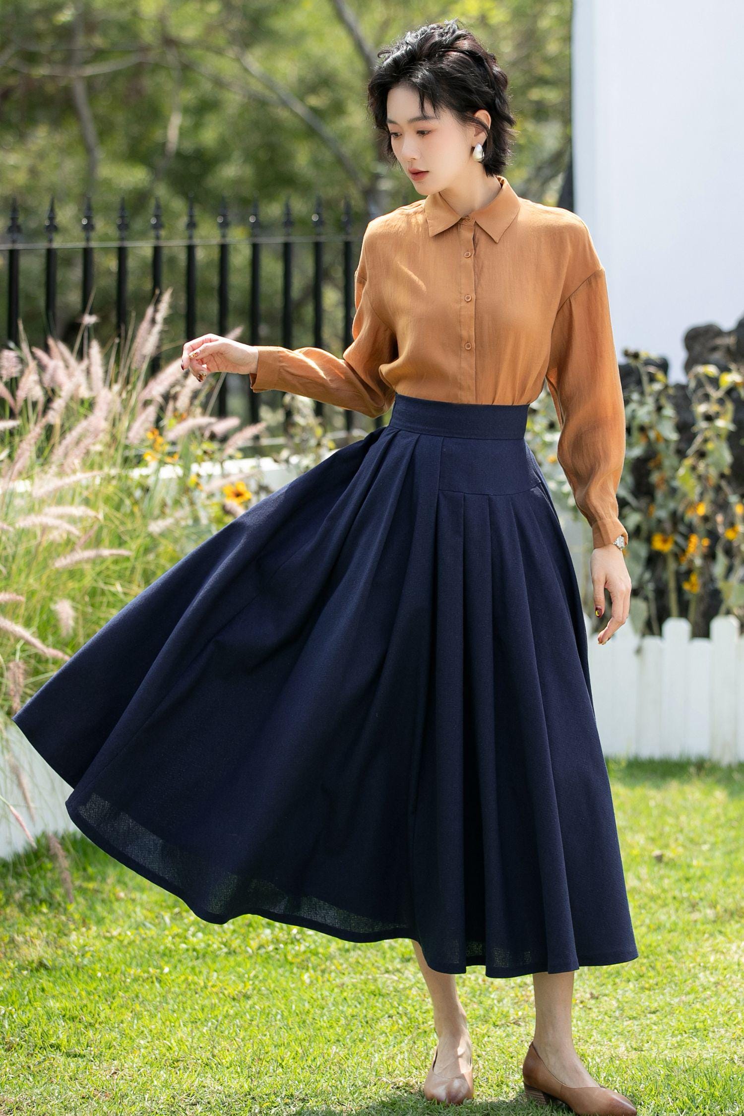 Navy Blue Linen Midi Skirt: High Waisted Pleated A-line Skirt