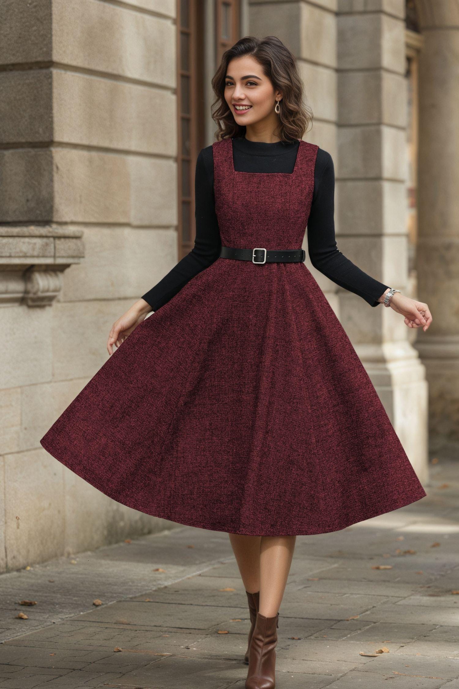 burgundy dress wool FORTYTHREE - S25 Women's Burgundy Wool Suiting Dress