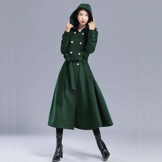 Green Long Wool Trench Coat with Hood 3212 Green Long Wool Trench Coat with Hood 3212