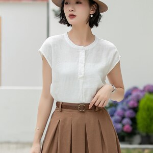 Blusa blanca de lino puro, estilo vintage con botones en la parte delantera, ideal para la oficina en verano, Xiaolizi 5992 imagen 6