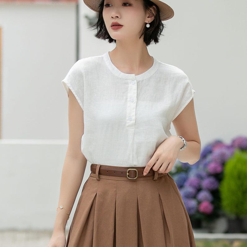 Blusa blanca de lino puro, estilo vintage con botones en la parte delantera, ideal para la oficina en verano, Xiaolizi 5992 imagen 6