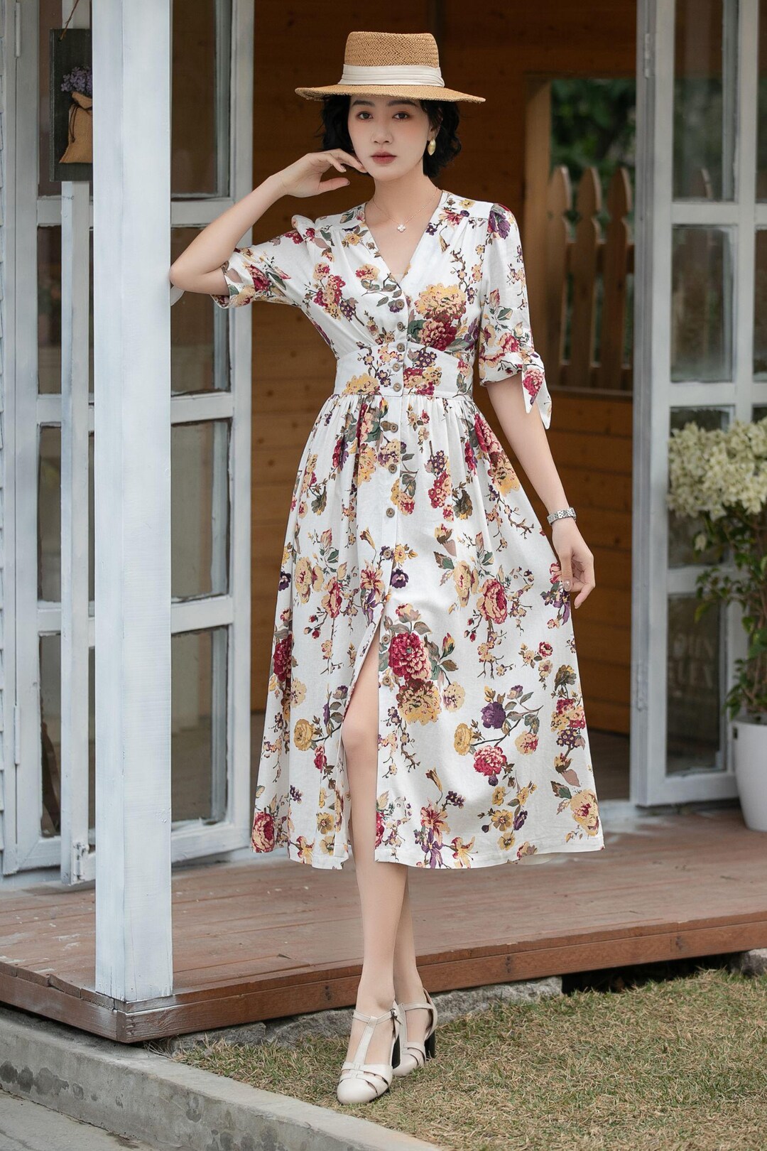 Linen Floral Midi Dress: V-neck Button Front Summer Dress, Custom, Xiaolizi  6699 - Etsy