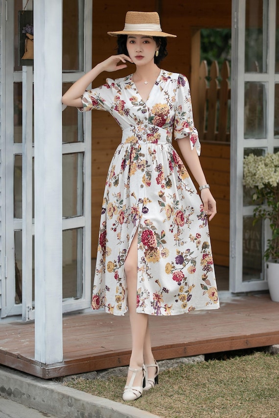 Linen Floral Midi Dress: V-neck Button Front Summer Dress, Custom