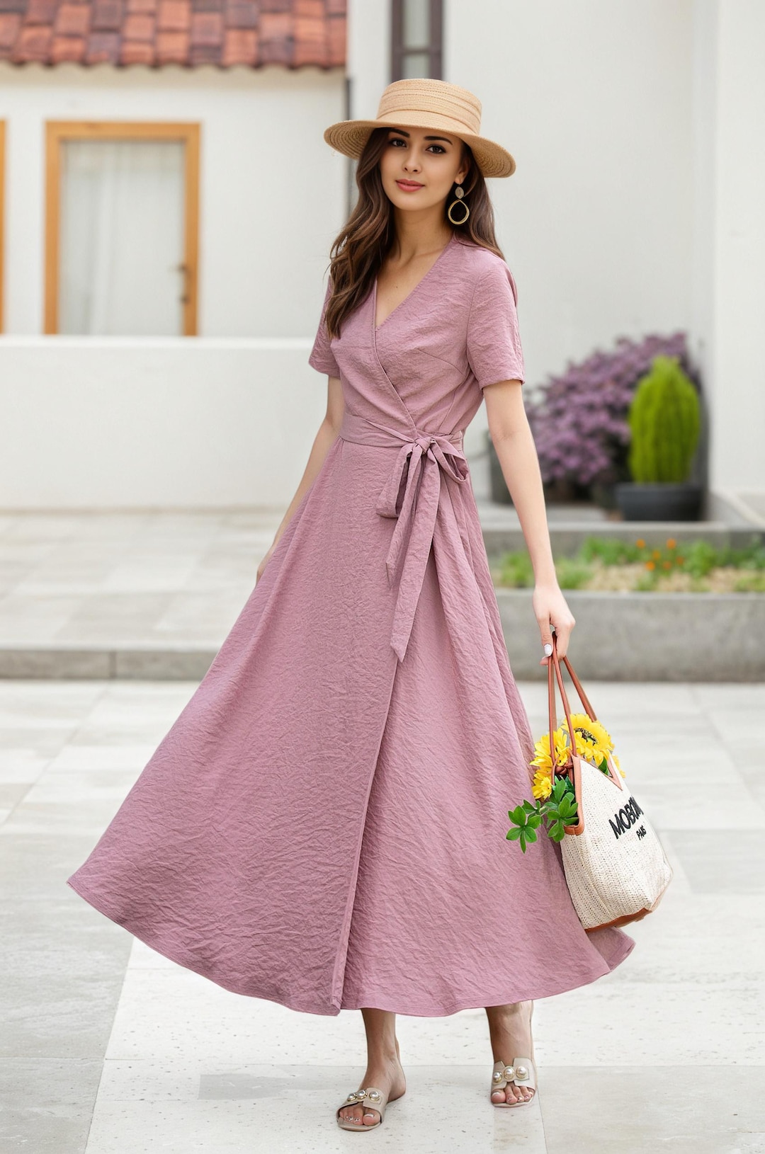 vallan ＊ Crossback Striped Linen Dress Linen A-Line Maxi - Elegant Maxi Dress with Tie Waist