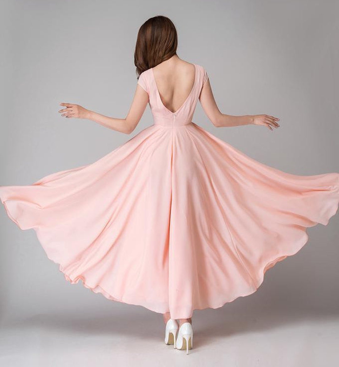 Peach Bridesmaid Dress, Open Back Chiffon Maxi Wedding Dress Peach Bridesmaid Dress, Open Back Chiffon Maxi Wedding Dress
