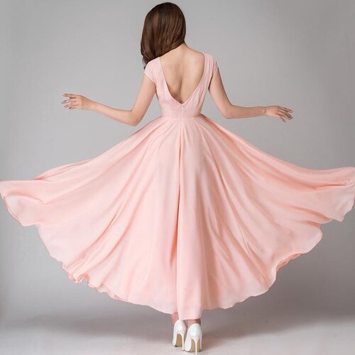 Peach Bridesmaid Dress, Open Back Chiffon Maxi Wedding Dress, Cap Sleeve  Wedding Dress, Chiffon Dress Long, Summer Dress, Prom Dress 1526# - Etsy