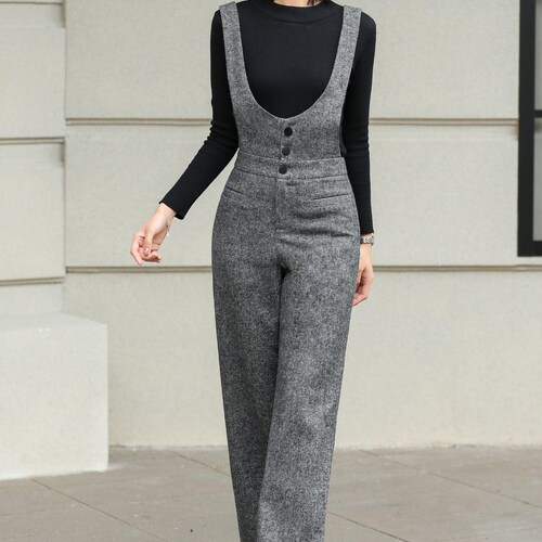 Gray Suspender Wool Pants Women, Autumn Winter Straight-leg