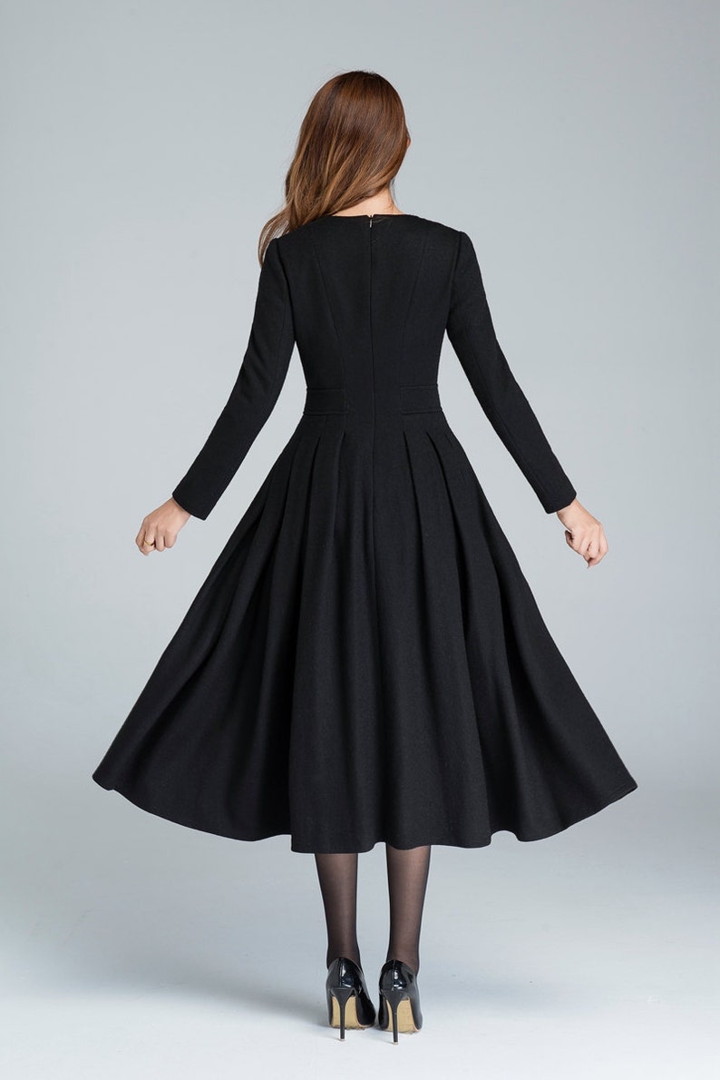 Long black dress, wool dress, winter dress, long women dresses, pleated dress, handmade dress, ladies dresses, long sleeve dress 1614 image 4