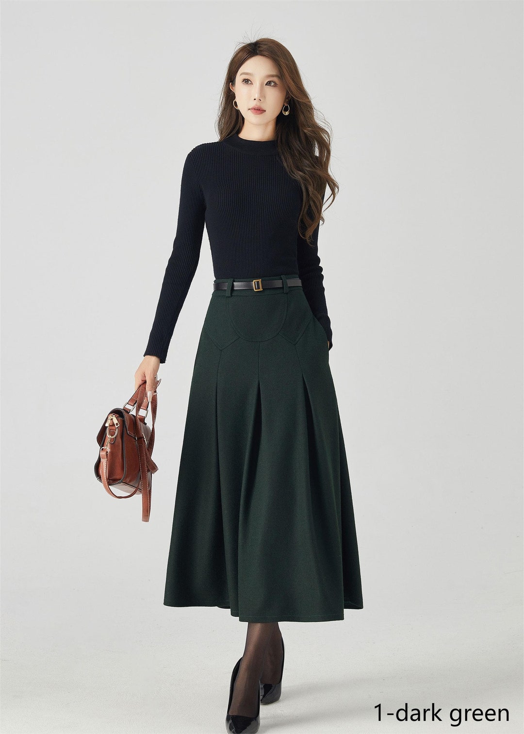 LOULOUSEOUL】Joy Wool Check Midi Skirt (Green) Joy Wool