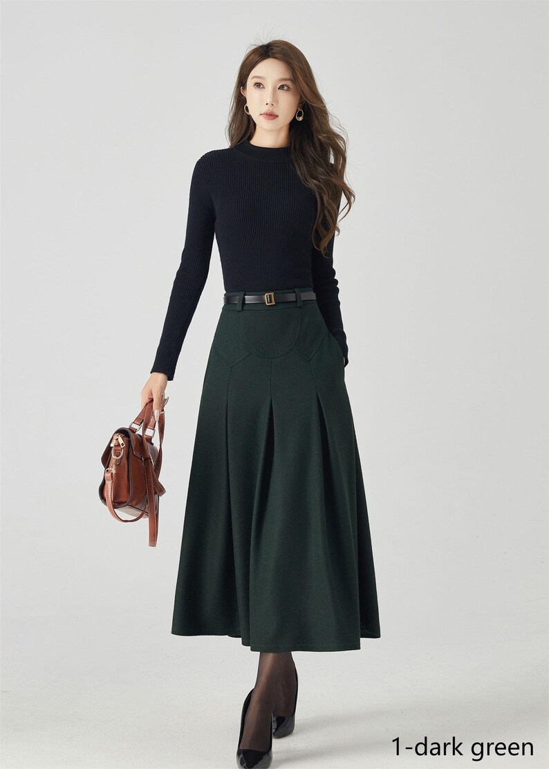 Midi Wool Skirt, Pleated Wool Skirt, Dark Green Skirt with Pockets, Womens Swing Skirt, Autumn Winter Skirt, Custom Skirt, Xiaolizi 4532 1-dark green