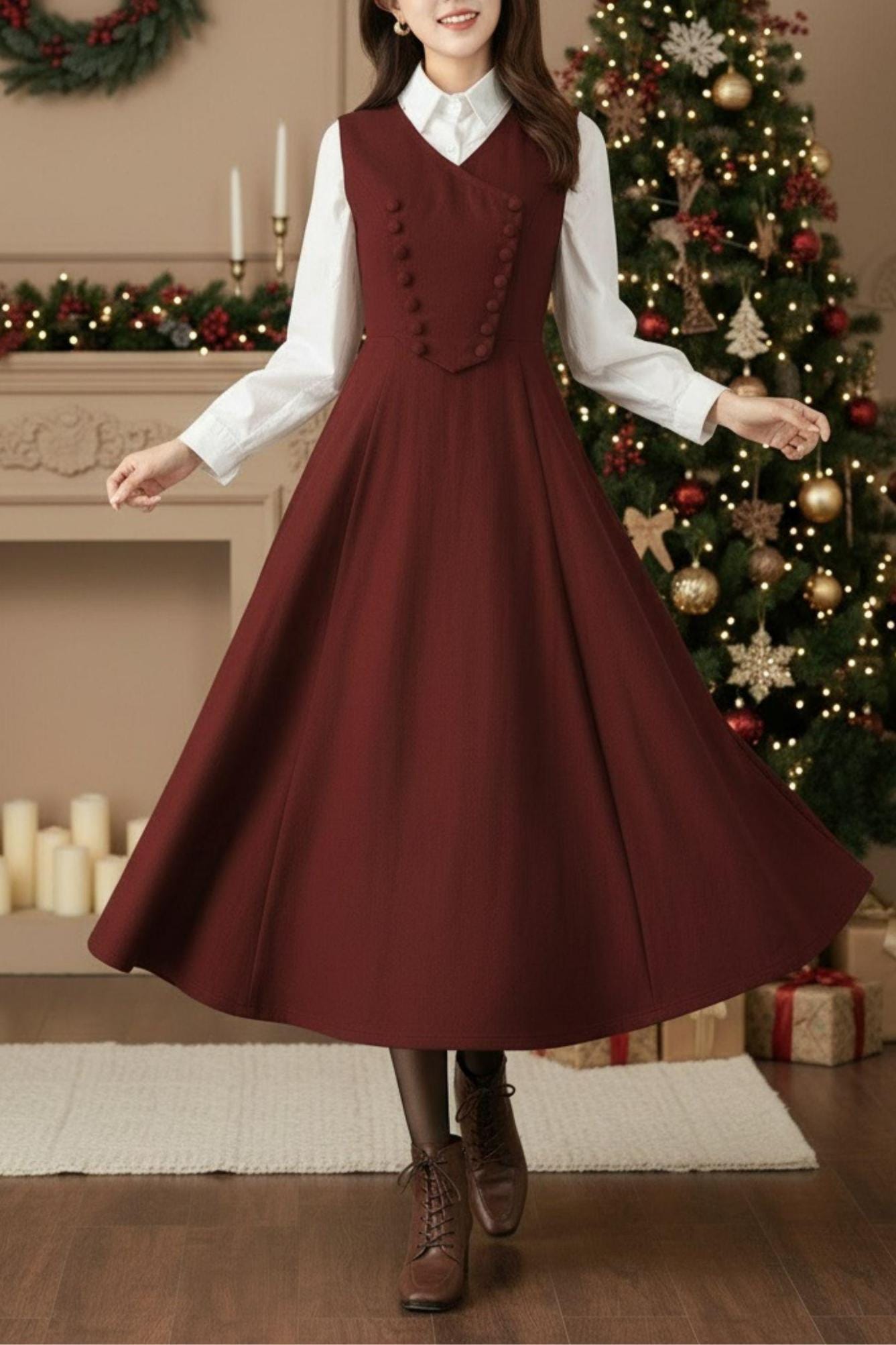 Handmade Wool Blend Pinafore Dress - Sleeveless A-line Midi