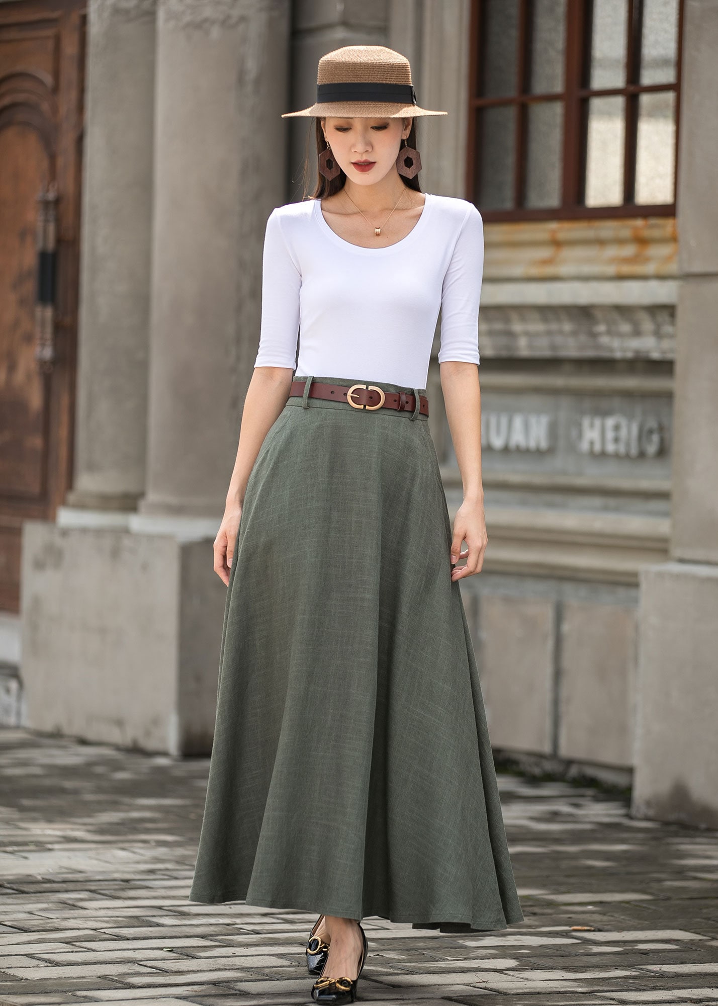 Green Linen Skirt With Pockets, Long Linen Maxi Skirt, High