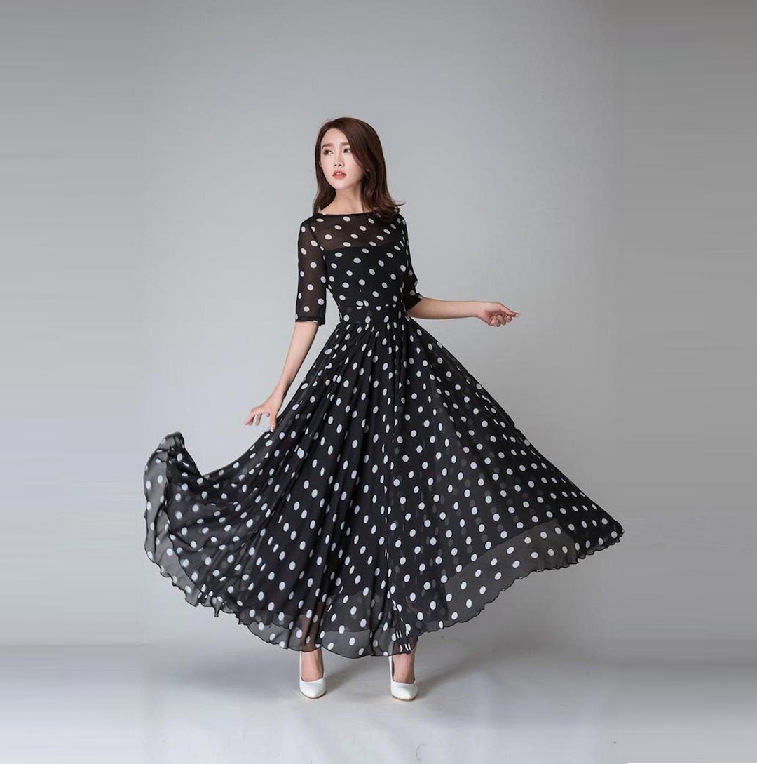 Polka Dot Maxi Chiffon Dress Women Fit and Flare Dress Swing 