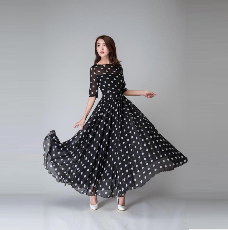 Polka Dot Maxi Chiffon Dress Women, Fit and Flare Dress, Swing Chiffon Long Maxi Dress with sleeve, Wedding Dress, Summer Boho Dress 1534# 