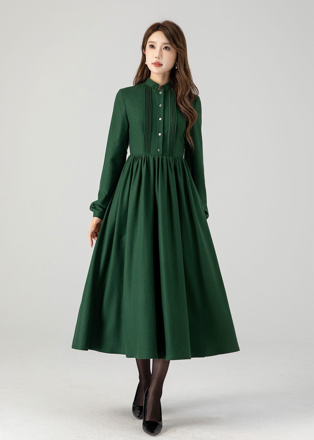 Wool Dress, Long Wool Dress, Swing Wool Dress, Green Wool Dress, Autumn Winter Wool Dress
