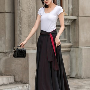 Black Long Chiffon Maxi Skirt Women, Swing Full Circle Skirt, Boho Maxi Skirt, Elastic Waist Chiffon Skirt with Sash, Plus Size Skirt 2714 image 3