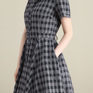 Checked Linen Shirt Dress, Women's Spring Summer Belted Shirtwaist Dress, Linen Midi Dress Women, Fit and Flare Dress, Xiaolizi 3377 image 7