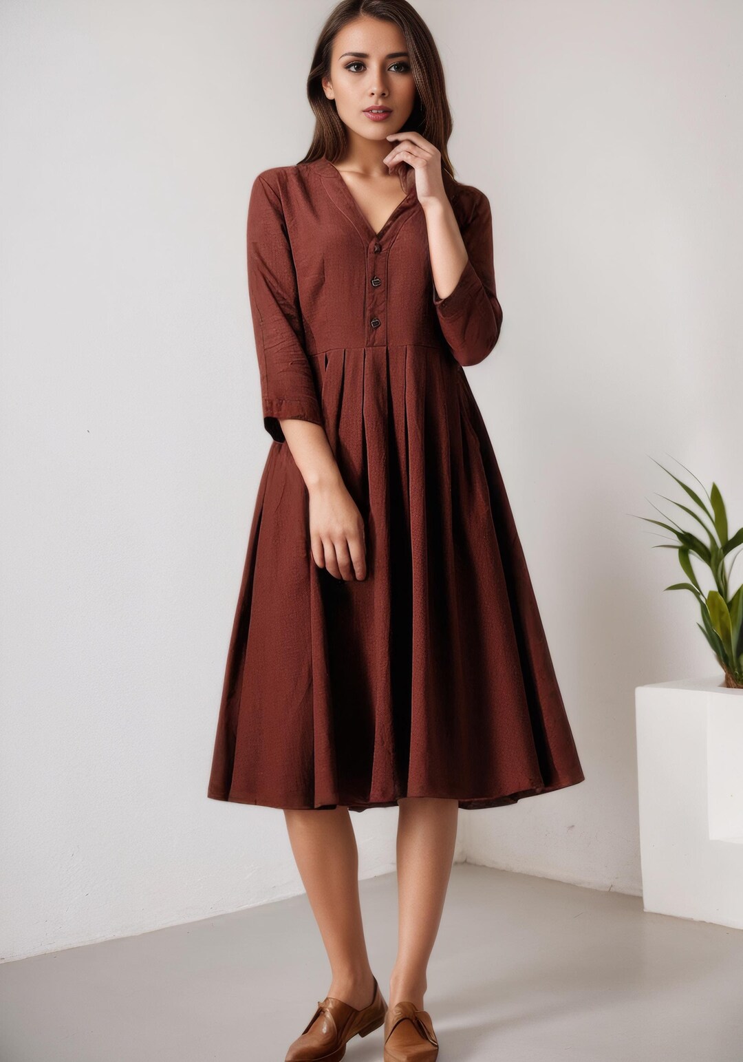 Stylish Red Plaid  Button Cotton Linen Summer Mid Dress