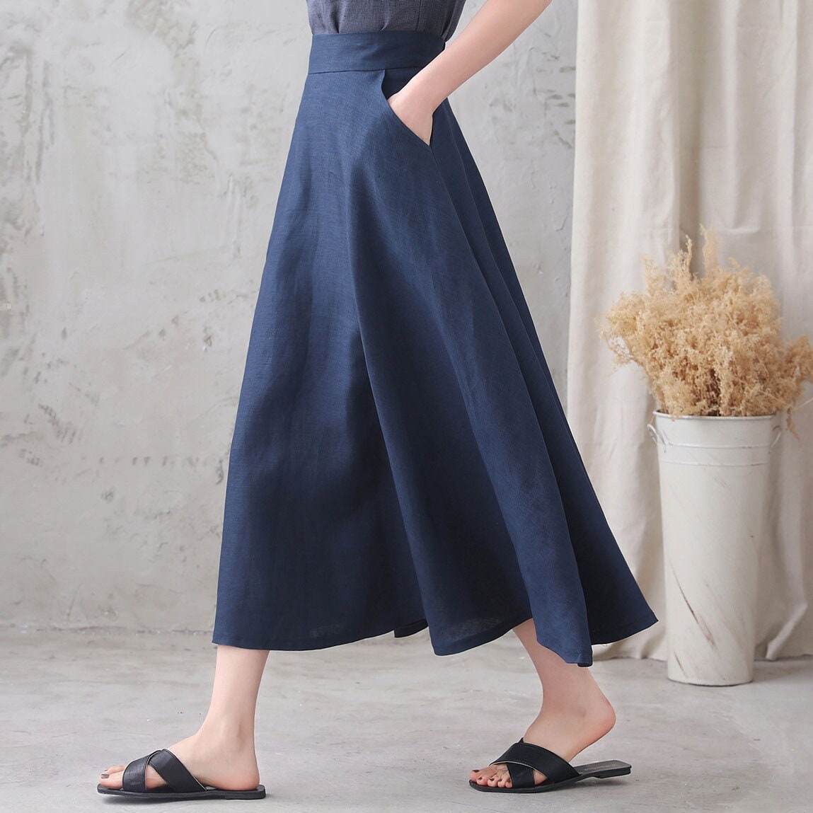 Linen Skirt, Midi Linen Skirt, A Line Skirt, Elastic Waist