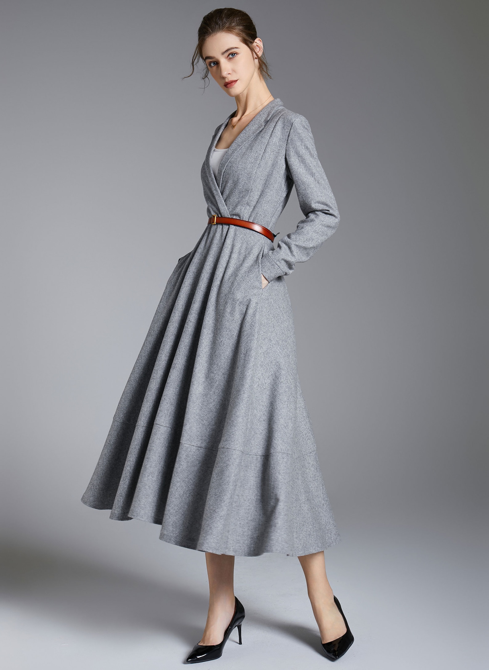 Gray Wool Dress Wool Midi Dress Long Sleeve Wool Dress Etsy