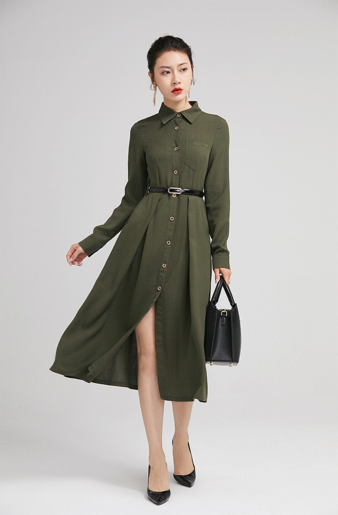 Long Sleeve Linen Shirt Button Down Midi Shirt Dress Linen - Etsy