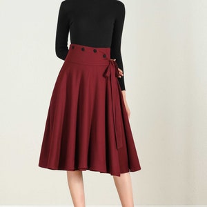 High Waisted Skater Skirt in Red, Wool Skirt, Wide Waistband Midi Skirt ...