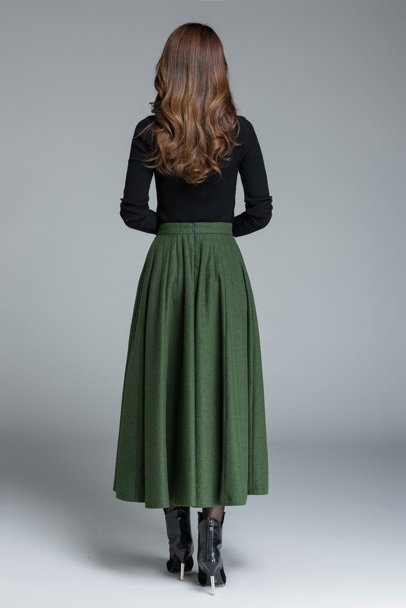 50s Green Long Wool Skirt, Wool Circle Skirt, Vintage Inspired Pleated Long Skirt, High Waist Skirt, Swing Skirt, Autumn Winter skirt 1641 image 6