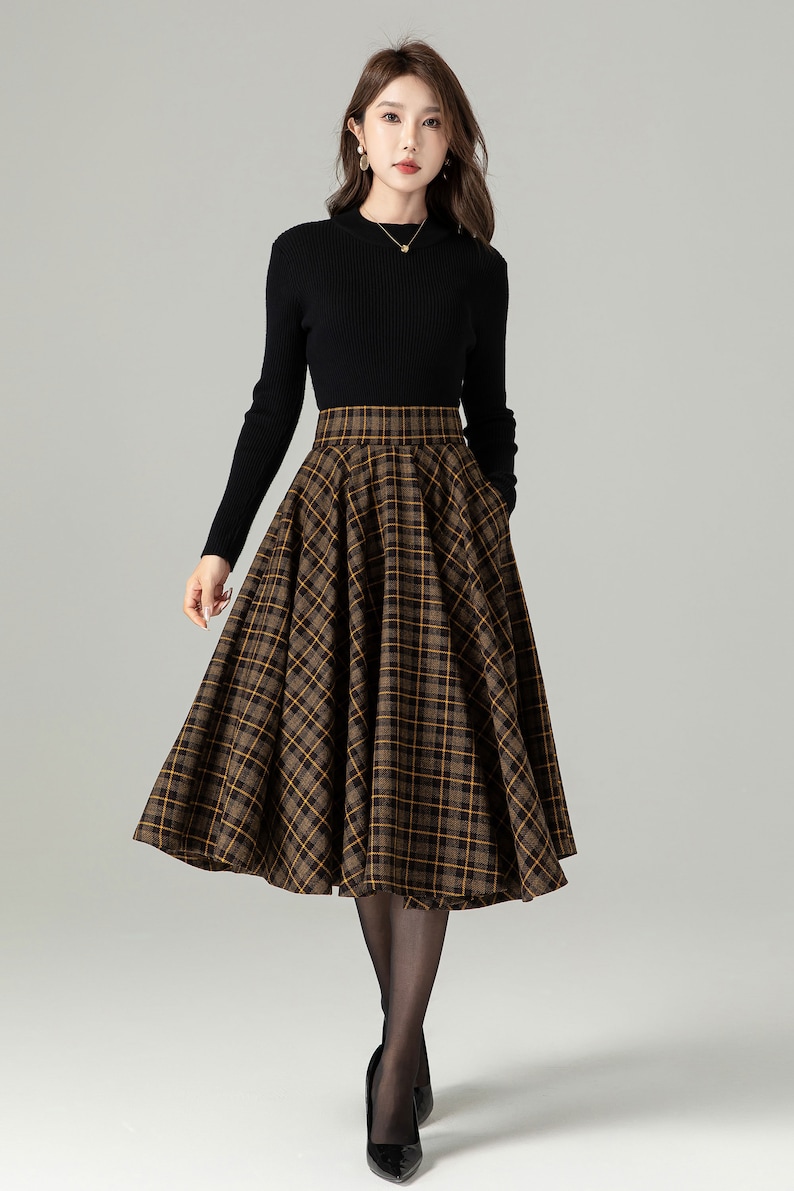 Jupe midi à carreaux en laine, Jupe trapèze en laine, Jupe cercle en laine, Jupe hiver automne femme, Jupe taille haute en laine, Jupe en laine tartan rétro 4498 image 3