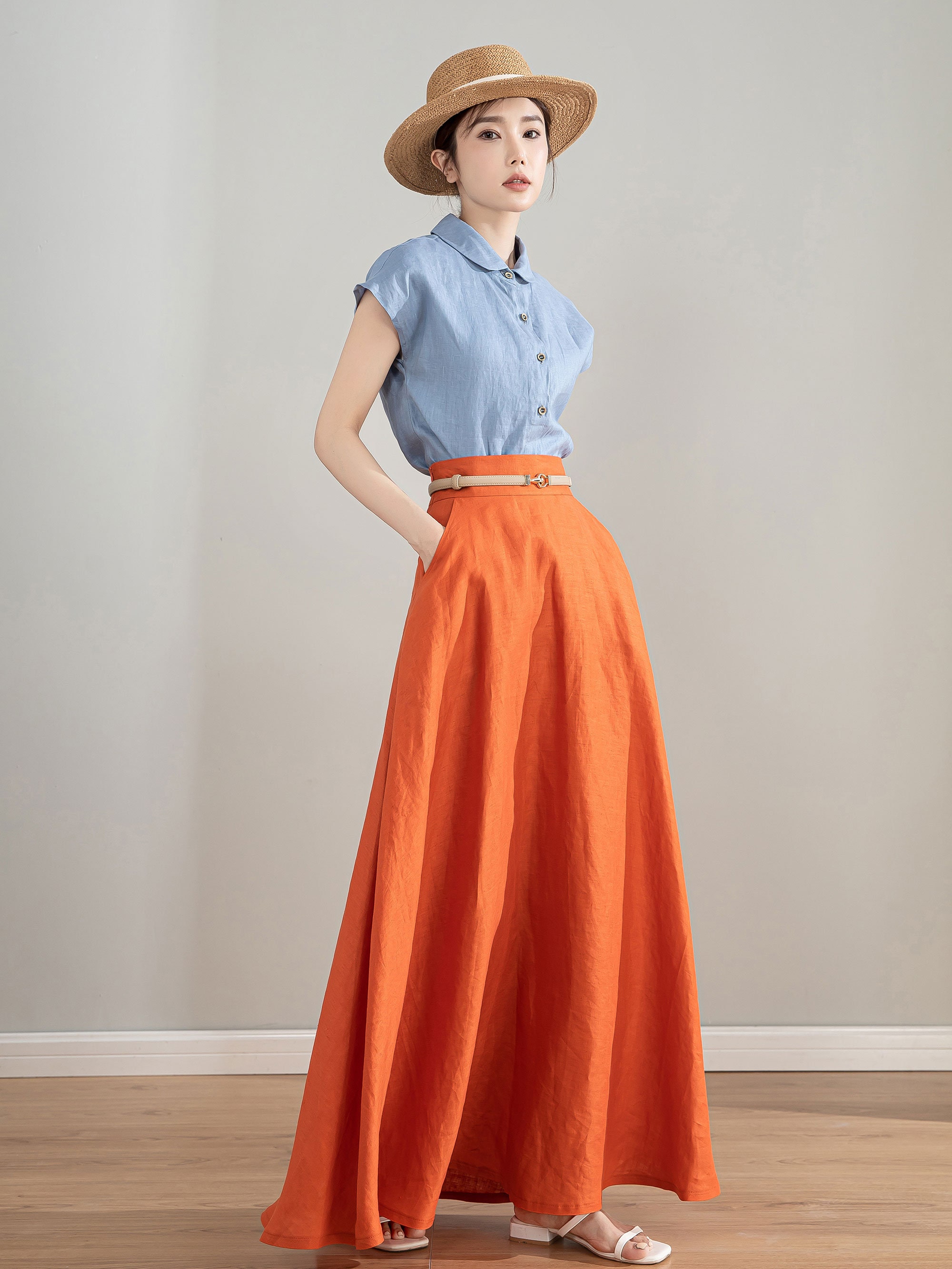 Orange Womens Linen Maxi Skirt, A-line Swing Skirt With