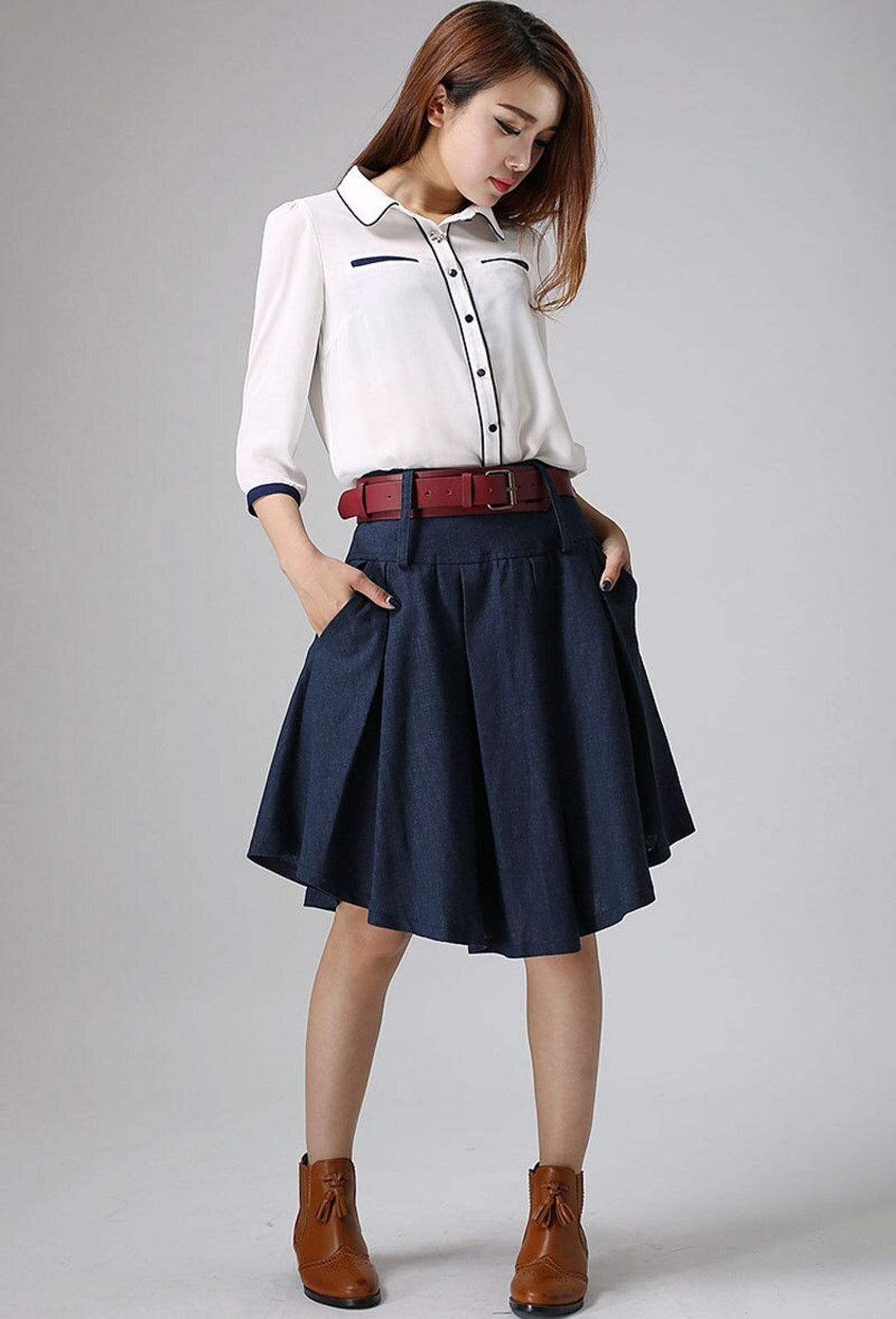 Belted Linen Midi Skirt With Pockets, Blue Linen Skirt, Short Skirt