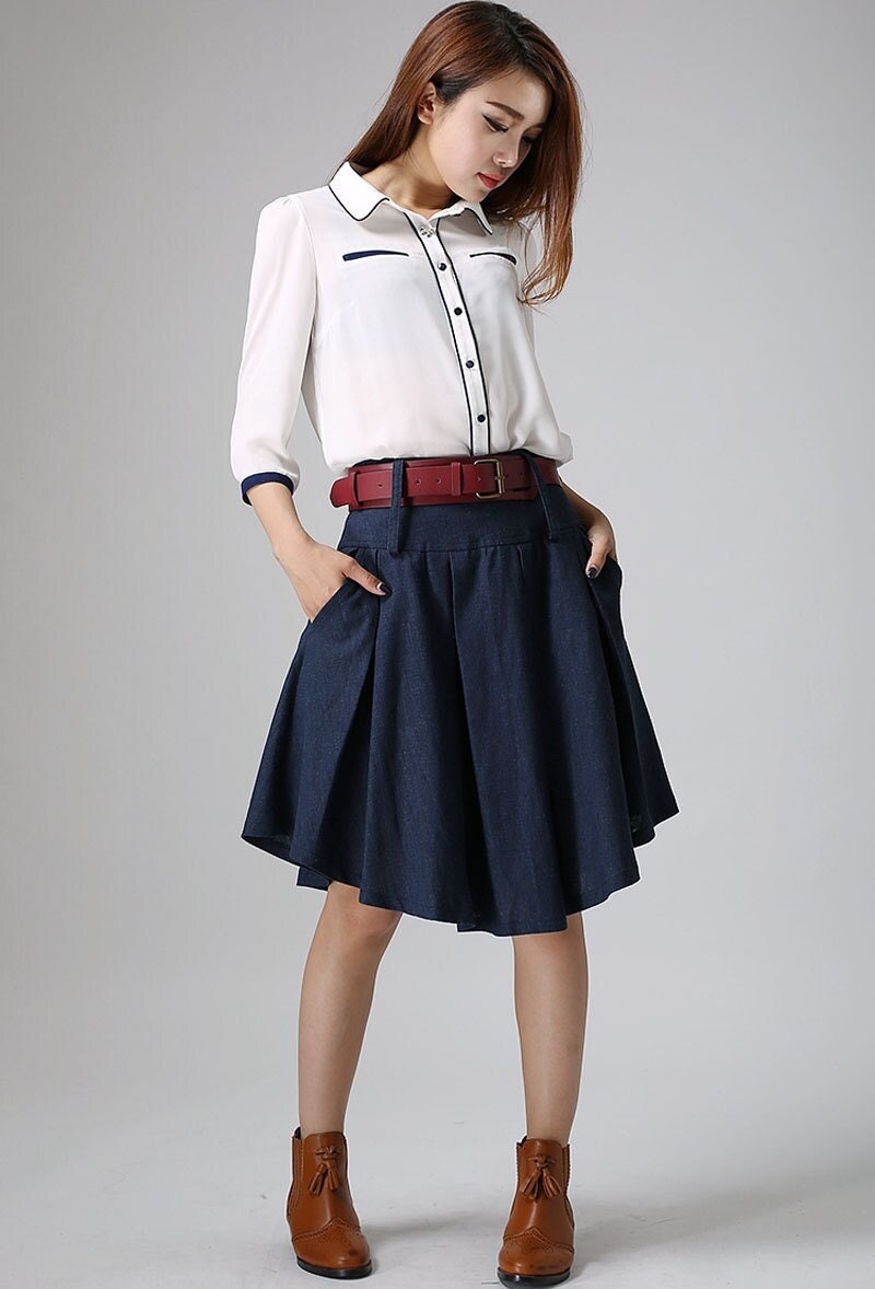 Blue skirt woman linen skirt midi skirt customa made pleated skirt 0906# Blue skirt woman linen skirt midi skirt customa made pleated skirt 0906#
