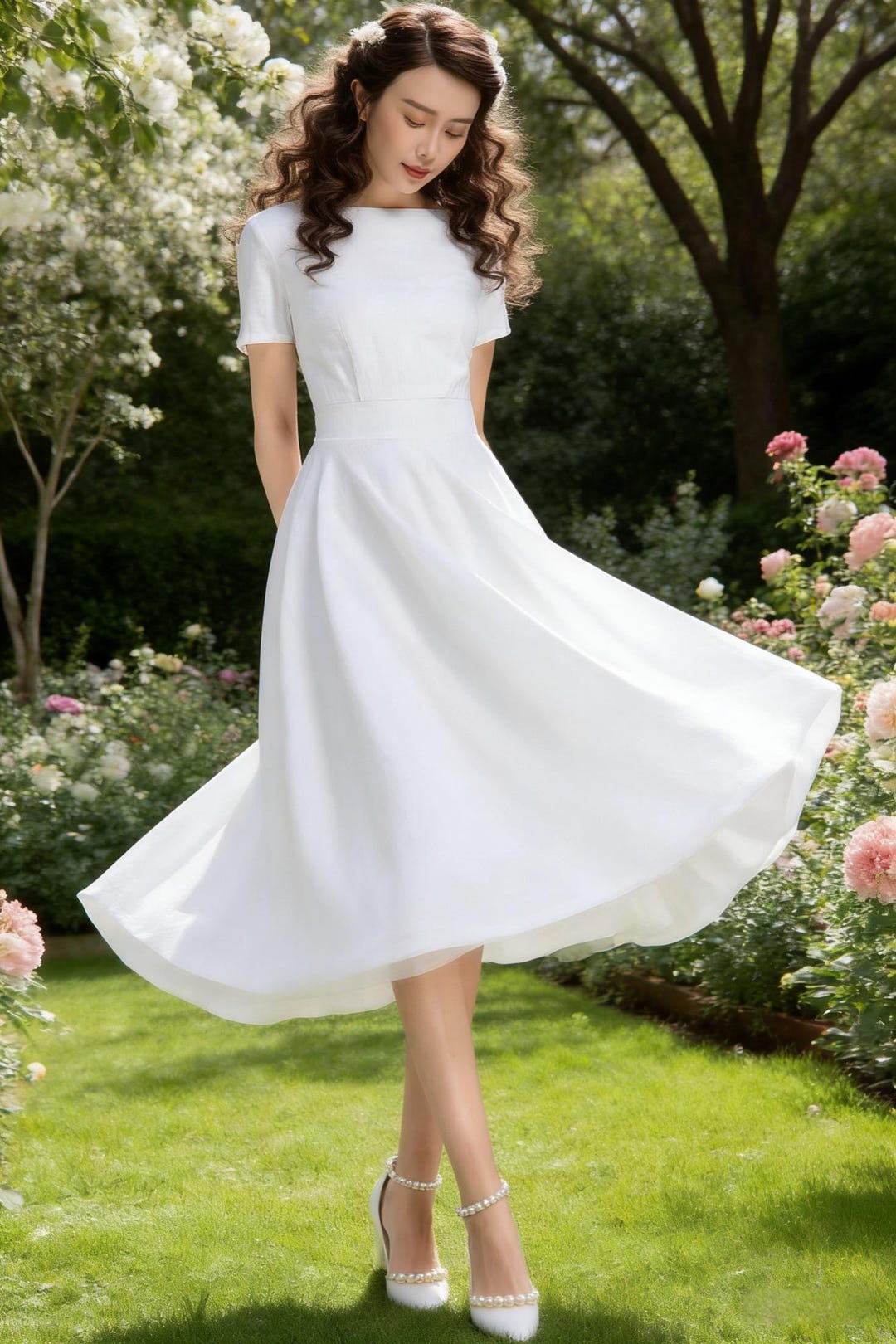 chinese dress ladies Summertime Chic: Women's Lace Splice Spaghetti Strap White Dress – Canary  Houze main image 1