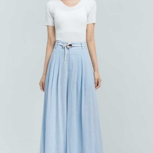 Women's Pleated High Waisted Wide Leg Pants, Belted Palazzo Trousers, Grey Linen pants, Long linen pants, women linen pants, Xiaolizi 0308 5-Light Blue-2374