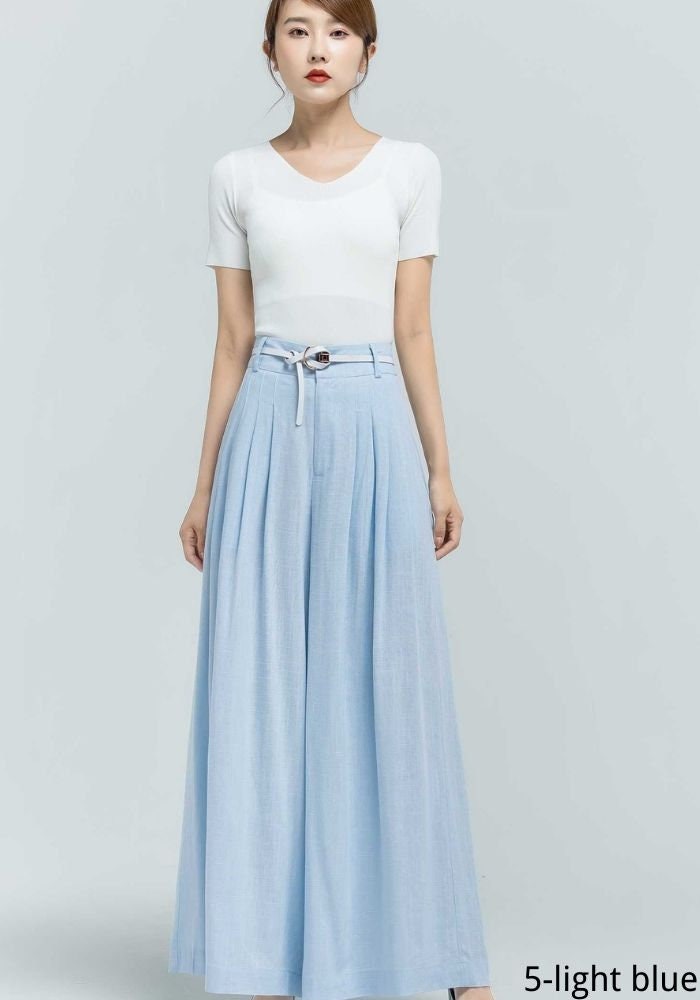 Women's Pleated High Waisted Wide Leg Pants, Belted Palazzo