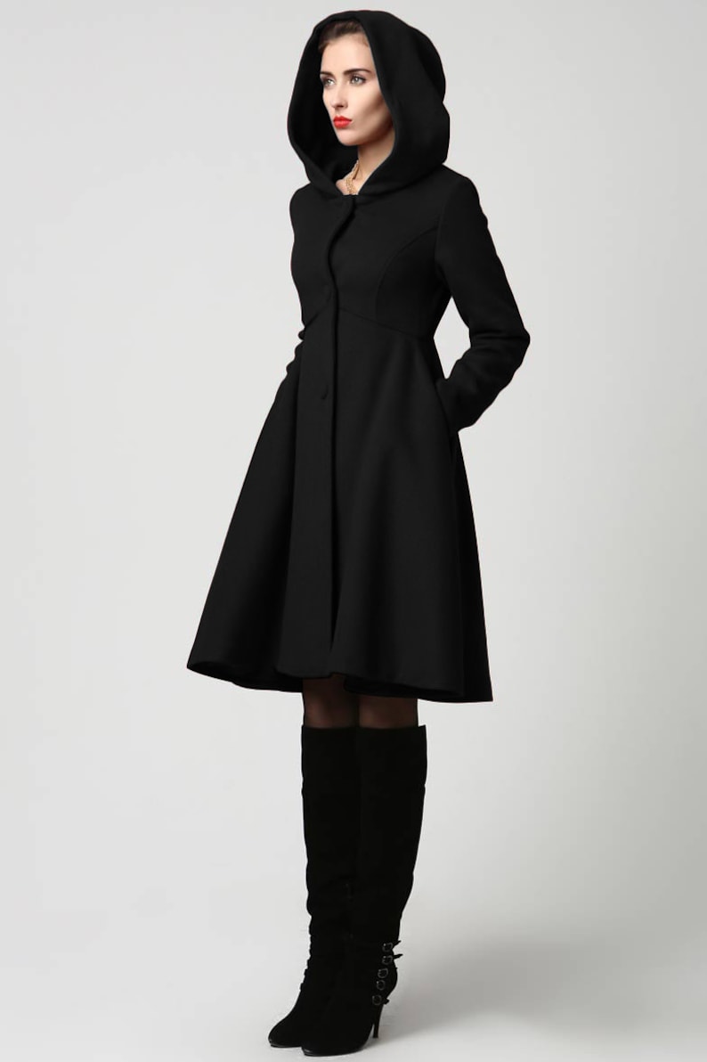 Hooded Wool coat in blue, Wool coat women, winter coat women, Vintage inspired Swing coat, Wool Princess coat, Custom made coat 2648 4-Black