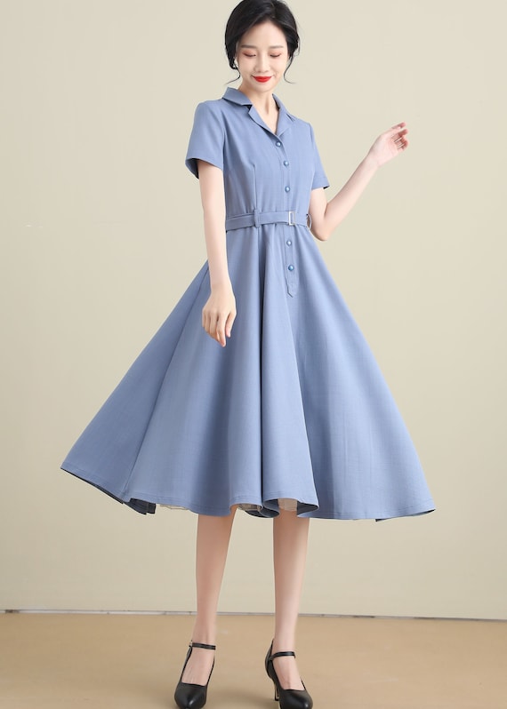 Vintage Inspired Linen Women Short Sleeve Shirtwaist Dress 3277# Vintage Inspired Linen Women Short Sleeve Shirtwaist Dress 3277#