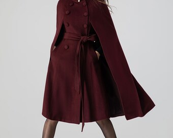 Burgundy Swing Cloak Coat, Winter Wool Cape Coat Women, Long Burgundy Swing Cloak Coat, Winter Wool Cape Coat Women, Long