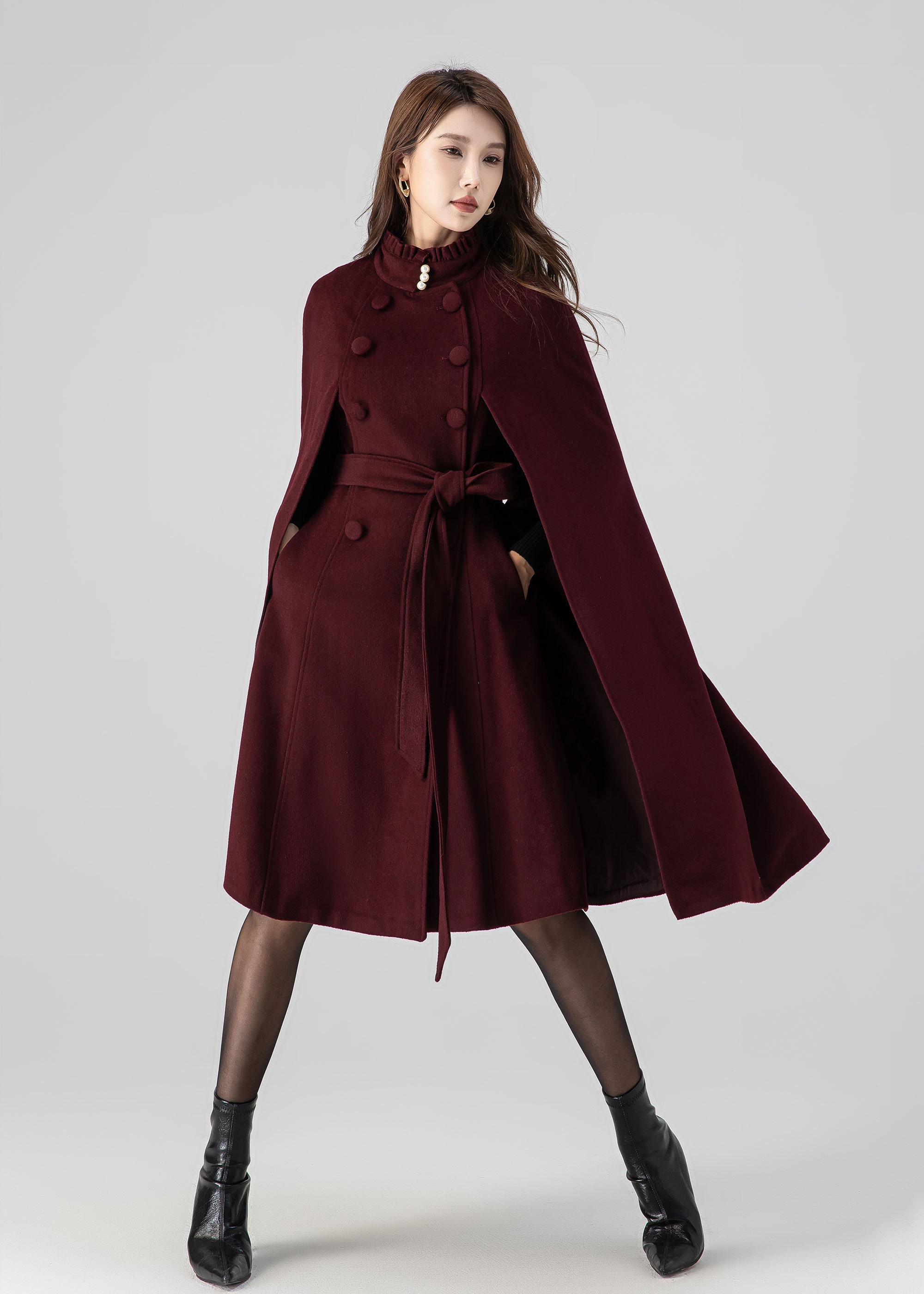 Burgundy Swing Cloak Coat, Winter Wool Cape Coat Women, Long Wool Cape With Stand Collar, Fall Cape Coat, Plus Size Wool Cape, Xiaolizi 4518 - Etsy Burgundy Swing Cloak Coat, Winter Wool Cape Coat Women, Long Wool Cape With Stand Collar, Fall Cape Coat, Plus Size Wool Cape, Xiaolizi 4518 - Etsy
